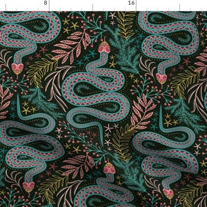 May include: A seamless pattern featuring teal and pink snakes with intricate details, surrounded by stylised floral elements in shades of yellow, pink, and green on a black background.