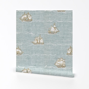 Nautical Ship Wallpaper - Fable Fleet By Nouveau Bohemian - Nursery Coastal Boats Blue Removable Self Adhesive Wallpaper Roll by Spoonflower