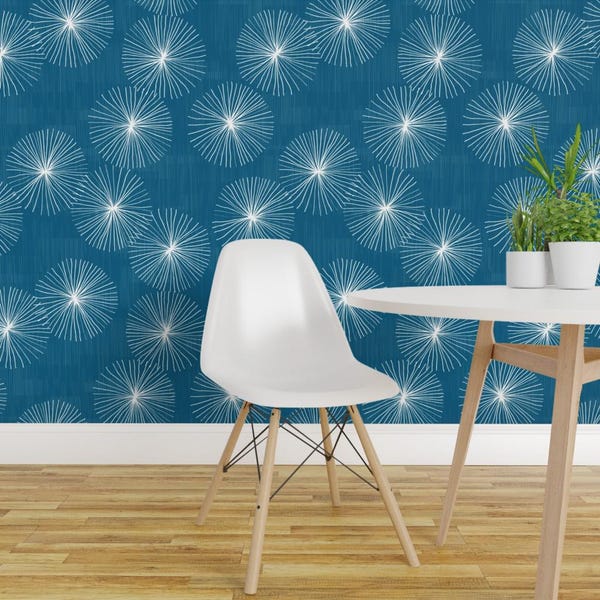 Mid Century Mod Stoff - Löwenzahn Indigo Von Friztin - Türkis Individuell bedruckte entfernbare selbstklebende Tapetenrolle von Spoonflower