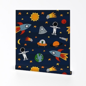 Rockets & Comets Wallpaper-Space By Pmaxwelldesigns-Kids Gender Neutral Custom Printed Removable Self Adhesive Wallpaper Roll by Spoonflower