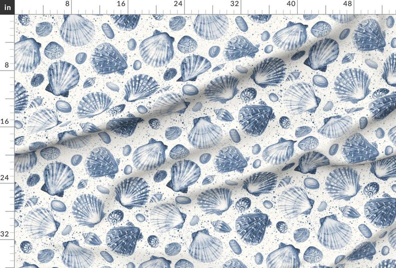 Shell Print Cloth Texture Blue Shells Fabric - Watercolor Seashells by Olgersart - Coastal Beach ...