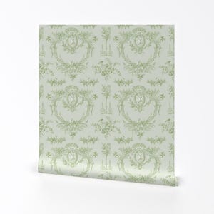 French Style Removable Peel and Stick Wallpaper - Vintage Rococo Shabby Chic - Wall Art Wall Decor - Marie Toile Basil Green by lilyoake
