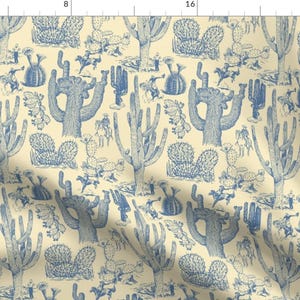 Western Fabric - Cactoile Blue by yesterdaycollection -  Cowboy Cowgirl Toile Cactus Chinoiserie Cacti Fabric by the Yard by Spoonflower