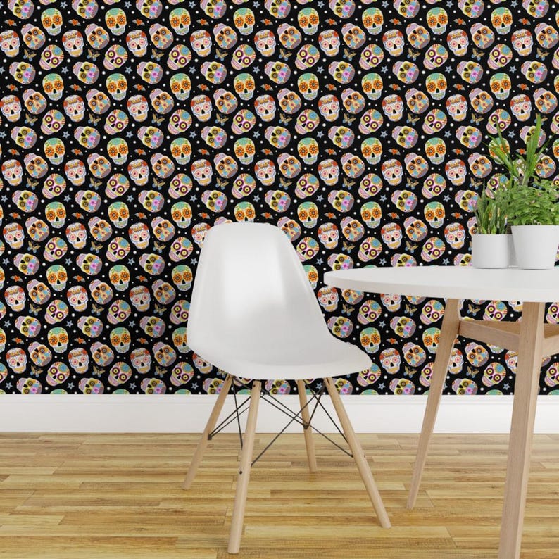 Halloween Wallpaper - Sugar Skulls Black By Mirabelleprint - Day of the Dead Custom Removable Self Adhesive Wallpaper Roll by Spoonflower image 1