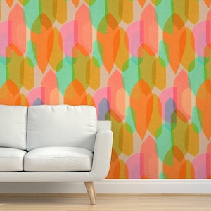 May include: Abstract geometric wallpaper with overlapping shapes in shades of orange, pink, green, and yellow. The shapes are translucent and create a layered effect.