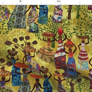 Folklore Fabric - Women Of Africa A Tapestry Of Life By Mimipinto - African Inspired Art Global Cotton Fabric By The Yard With Spoonflower