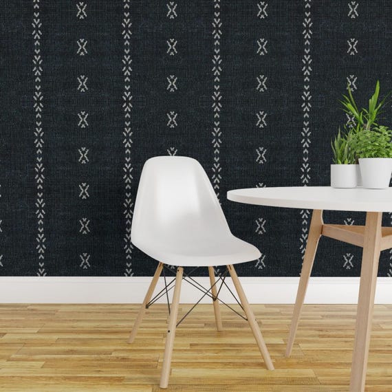 Stripe Wallpaper - French Linen Geo Stripe Dark By Holli Zollinger - Custom Printed Removable Self Adhesive Wallpaper Roll by Spoonflower