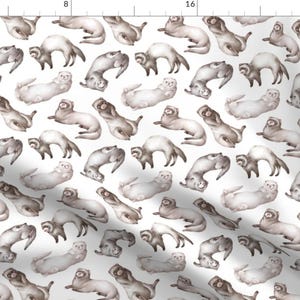 May include: A seamless pattern featuring a white background with a repeating design of watercolor illustrations of ferrets in various poses. The ferrets are depicted in shades of brown and gray.