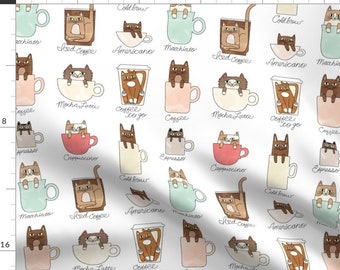 Coffee & Cats Fabric - Coffee Cats By Pinkowlet - Novelty Kitsch Kitty Cats Coffee Mugs Hipster Cotton Fabric By The Yard With Spoonflower