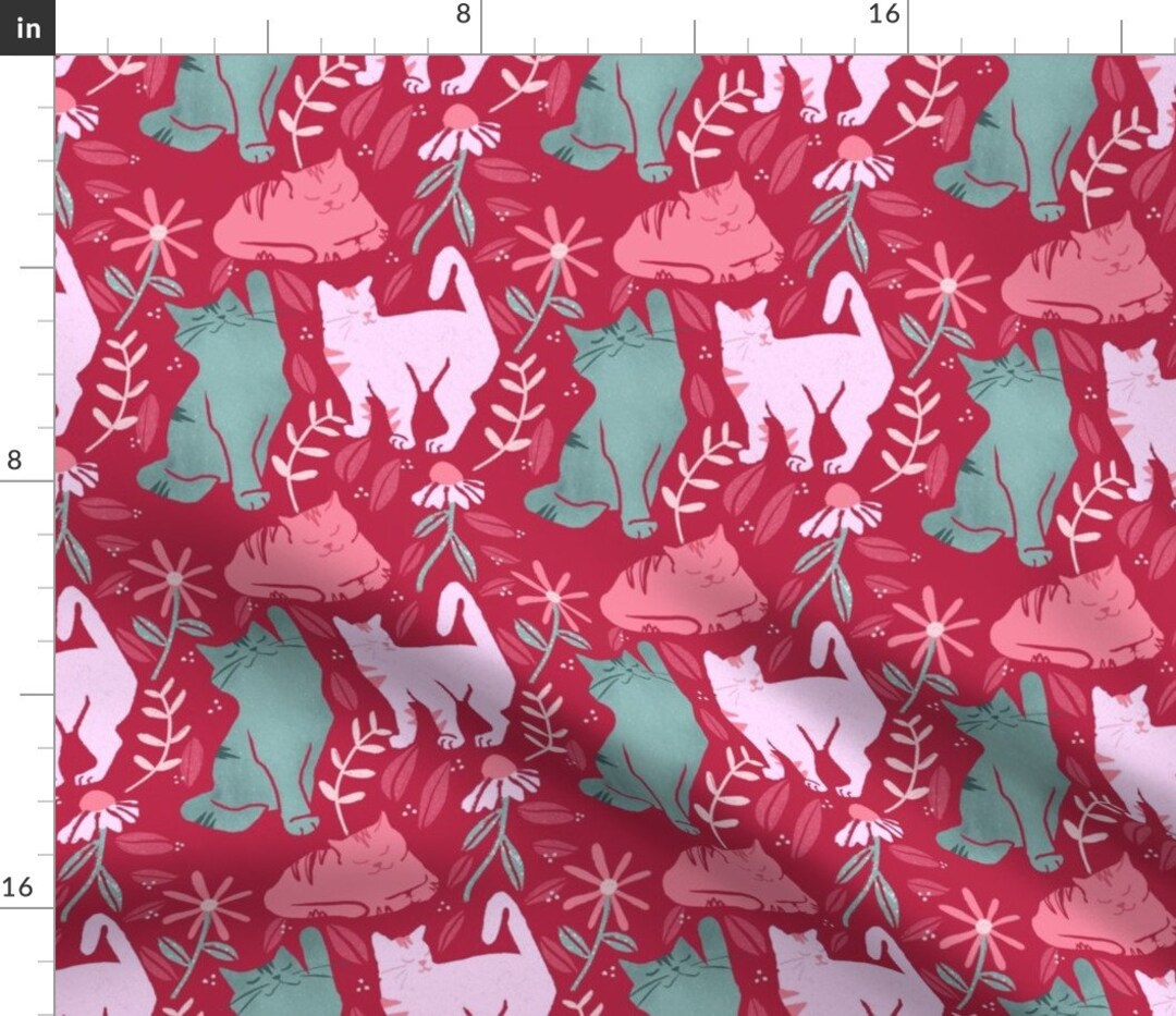 Cats Fabric Viva Meowgenta by Rhcreatives Modern Floral Daisy Pattern
