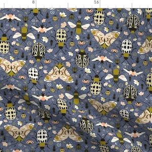 Retro Bugs Fabric - Moths Bugs And Flies By Damaste - Dark Blue Beetles Insects Science Kids Cotton Fabric By The Yard With Spoonflower