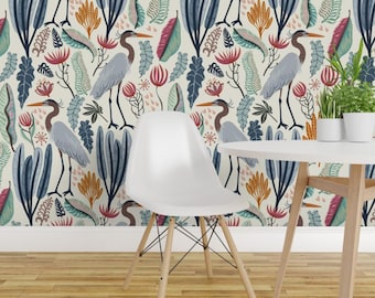 Coastal Flora Peel and Stick Wallpaper - Nature Tropical Wild Flowers Crane Heron - Removable Wall Decor Art - Heron And Plants by nina_leth