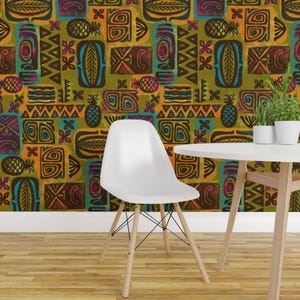Tribal Tapa Wallpaper - Native Poly By Woodyworld - Hawaiian Vintage Custom Printed Removable Self Adhesive Wallpaper Roll by Spoonflower