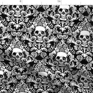 Skull Fabric - Skull Damask By Jimiyo - Black White Death Halloween Dark Scary Gothic Punk Decor Cotton Fabric By The Yard With Spoonflower