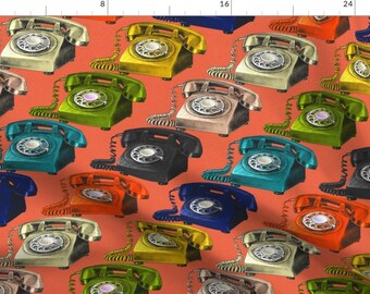 Telephone Fabric - Rotary Dialling Ring Ring ... Hello Red By Abbieuproot - Telephone Retro Coral Cotton Fabric By The Yard With Spoonflower