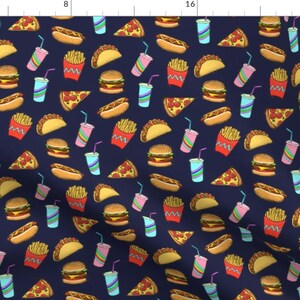 Junk Foods Fabric - Painted Fast Food On Navy By Micklyn - Hot Dog Burger Fizzy Pop Chips Greasy Cotton Fabric By The Yard With Spoonflower