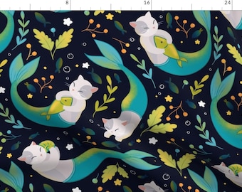 Mermaid Fabric - Merkitties By Elena Naylor - Mermaid Cats Black Teal Ocean Kid's Magical Cute Cotton Fabric By The Yard With Spoonflower