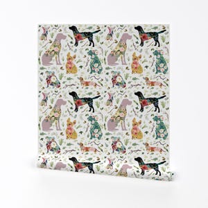 Floral Removable Peel and Stick Wallpaper - Whimsical Dogs Nature Watercolor  - Wall Art Wall Decor - Large Patchwork Dogs by shopcabin