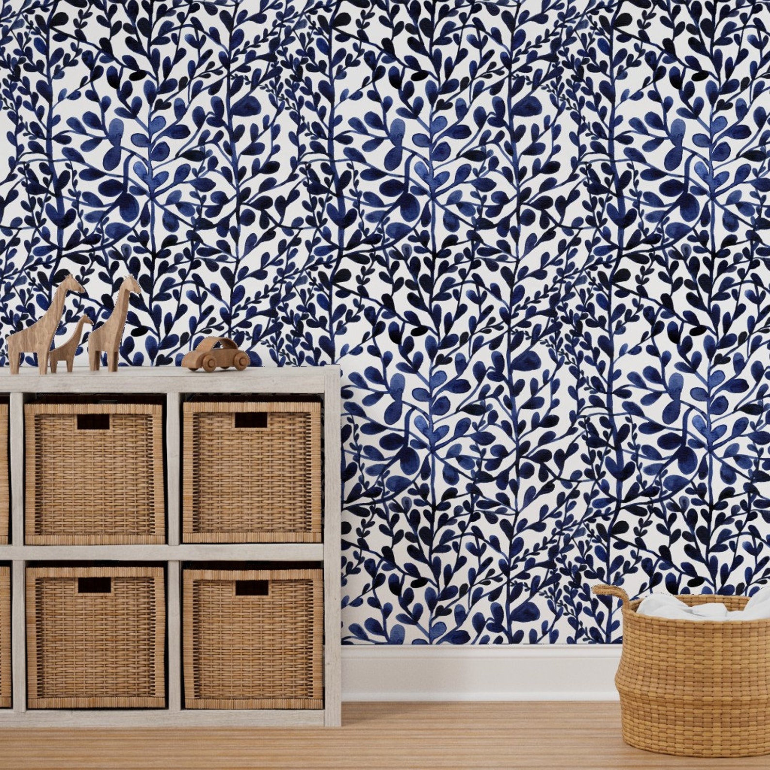 Botanical Wallpaper Navy Floral Leaves by Marjolein in Etsy
