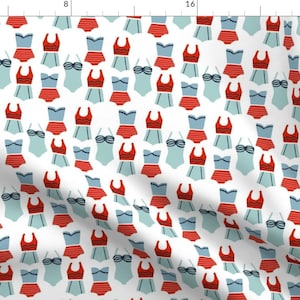 Swimming Fabric - Swimsuits By The Seashore By Ellolovey - Retro Swim Suits Summer Red Blue White Cotton Fabric By The Yard With Spoonflower