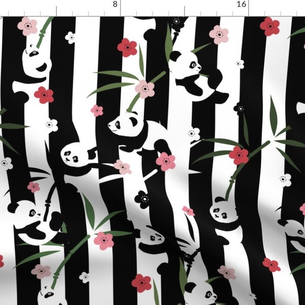 Panda Floral On Stripes Fabric - Fantastic Pandastic By Studio K - Panda Pink Flowers On Black Cotton Fabric By The Yard With Spoonflower