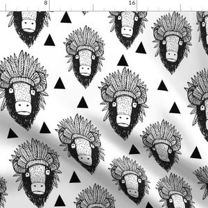 Southwest Buffalo Fabric - Southwest Buffalo Black And White By Laurawrightstudio - Boho Animal Cotton Fabric by the Yard With Spoonflower