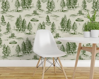 Alien Wallpaper - Green Alien Abduction Toile By Somecallmebeth - Kid's Quirky UFO Removable Self Adhesive Wallpaper Roll by Spoonflower