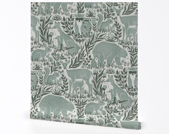 Sage Green Woodland Wallpaper - Nature's Nursery by nanshizzle - Baby Animals.neutral Removable Peel and Stick Wallpaper by Spoonflower