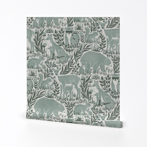 Sage Green Woodland Wallpaper - Nature's Nursery by nanshizzle - Baby Animals.neutral Removable Peel and Stick Wallpaper by Spoonflower