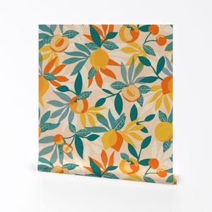 Papier peint citrons - Fruits à noyau et agrumes par Kylielouise - Rouleau de papier peint autoadhésif amovible tropical jaune orange vert par Spoonflower