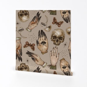 Witch Hands Wallpaper -Magical Skull, Witch Hands, Mushrooms By Depiano -Gothic Occult Removable Self Adhesive Wallpaper Roll by Spoonflower