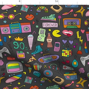 Y2k Fabric - Back To 90-E By Kudryashka - Y2k Retro Gray Rainbow Milkshakes Boom Box Video Games Cotton Fabric By The Yard With Spoonflower