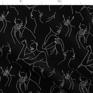 Modern Female Fabric - Hanna Black by onesweetorange - Minimalist Feminine Portrait Line Art Black White Fabric by the Yard by Spoonflower image 1