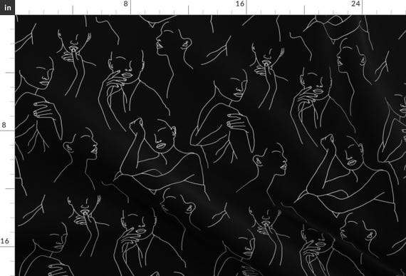 Modern Female Fabric - Hanna Black by onesweetorange - Minimalist Feminine Portrait Line Art Black White Fabric by the Yard by Spoonflower