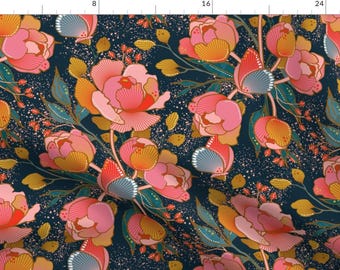 Chintz Pink Floral Fabric - Magical Peony Chintz / Blue Background / L By Heidi-Abeline - Chintz Cotton Fabric By The Yard With Spoonflower