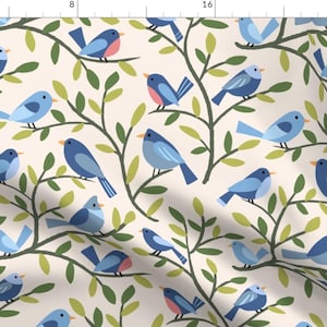 Blue Birds Fabric - Birds On Branches by shinyhappyworld - Leaves Nature Forest Woodland Backyard Fabric by the Yard by Spoonflower