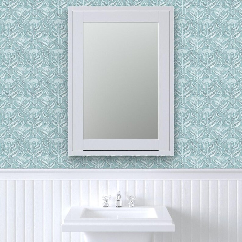 Antique Wallpaper - Antique Poppy In Aquamarine By Willowlanetextiles - Custom Printed Removable Self Adhesive Wallpaper Roll by Spoonflower image 8