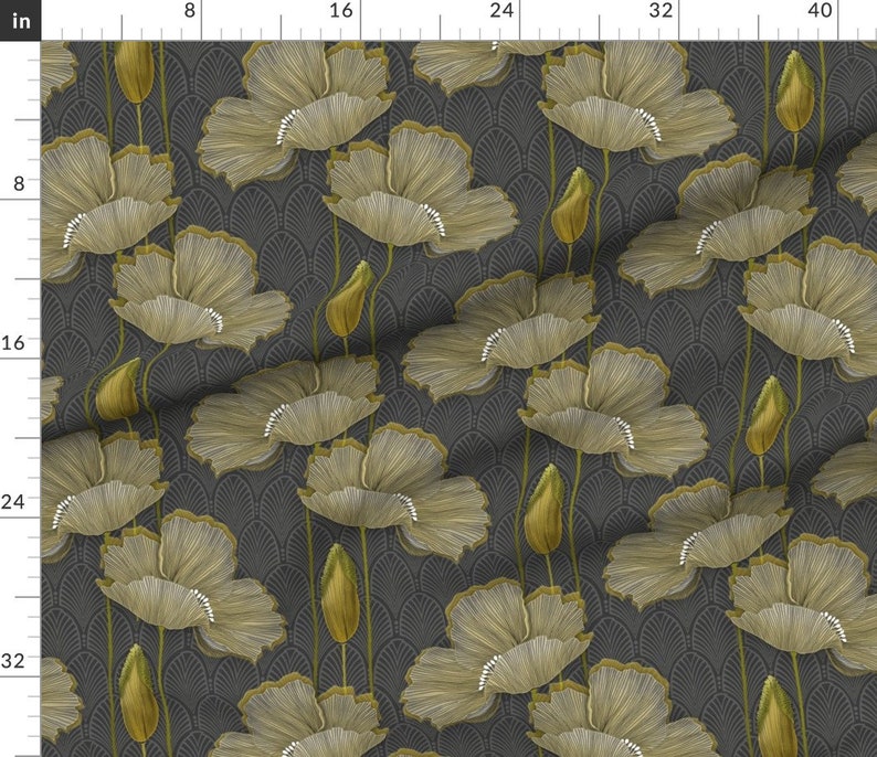 Art Decor Poppy Fabric Art Deco Fleurs Dor by j9design Vintage 1920s Poppies Yellow Grey Botanical Fabric by the Yard by Spoonflower image 3