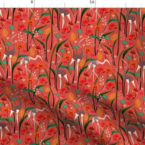 May include: A seamless pattern featuring stylized cranes and flowers in shades of red, orange, pink, green, and blue on a coral background.