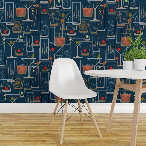 Martini Time Peel and Stick-behang - midden van de eeuw midden van de eeuw modern - verwijderbare muurdecoratiekunst - retro bar jaren 50 blauw door hnldesigns