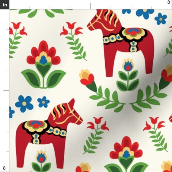 Round Tablecloth Dala Horse Red Green Blue White Swedish Folk Art Cotton Sateen Round Tablecloth Dala Horse Red Green Blue White Swedish Folk Art Cotton Sateen