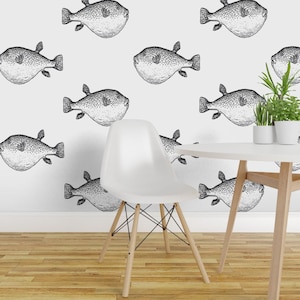 Buffer Fish Peel and Stick Wallpaper - Blowfish Puffer Fish Blowfish Coastal Chic - Removable Wall Decor Art - Pufferfish by eti_enne image 1