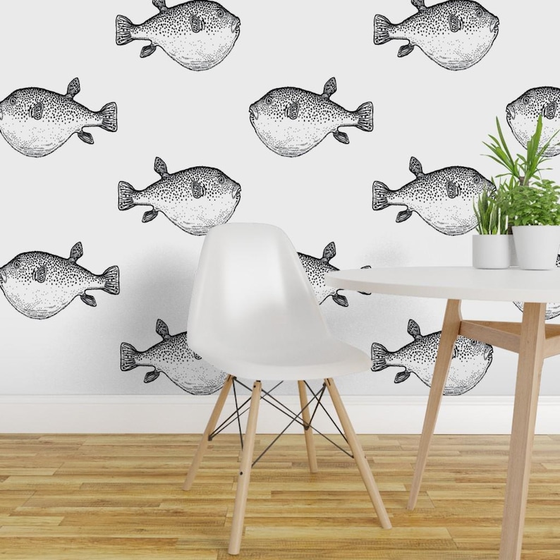 Buffer Fish Peel and Stick Wallpaper - Blowfish Puffer Fish Blowfish Coastal Chic - Removable Wall Decor Art - Pufferfish by eti_enne image 1