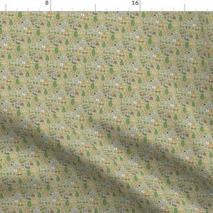 Woodland Fabric - Outdoors Camping Raccoon Mountains Trees Logs On Green Tiny By Caja Design - Cotton Fabric By The Yard With Spoonflower