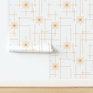 Mid Century Peel and Stick Wallpaper - Atomic Starbursts White Orange ...