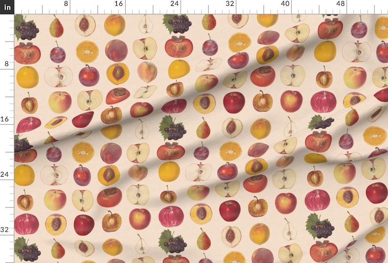 May include: A seamless pattern featuring a variety of fruits, including apples, pears, peaches, plums, and persimmons. The fruits are depicted in a vintage style, with a light beige background.