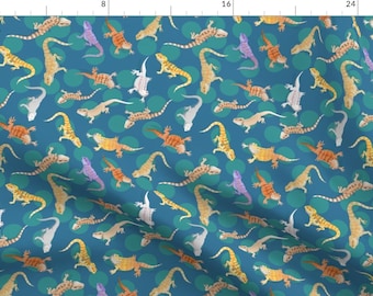 Lizard Fabric - Bearded Dragons On Circles by stormslegacy - Animals Pets Teal Yellow Orange Circles Fabric by the Yard by Spoonflower