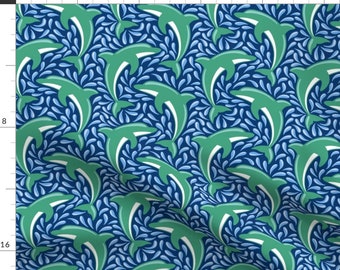 Leaping Dolphins Fabric - Dolphin Waves by vivdesign - Coastal Nautical Blue Green Beach Ocean Seaside Fabric by the Yard by Spoonflower