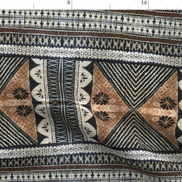 Tribal Fabric - Fijian Tapa Cloth By Hypersphere - Black White Geometric Native Mudcloth Island Cotton Fabric By The Yard With Spoonflower