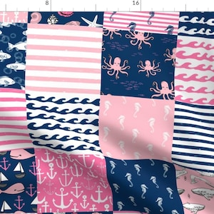 Cheater Quilt Pink Whale Fabric - Nautical Navy And Pink By Andrea Lauren - Pink Preppy Nursery Cotton Fabric By The Yard With Spoonflower